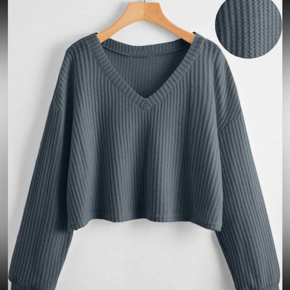 SHEIN MOOSTA Plus Solid V-Neck Waffle Knit Tee